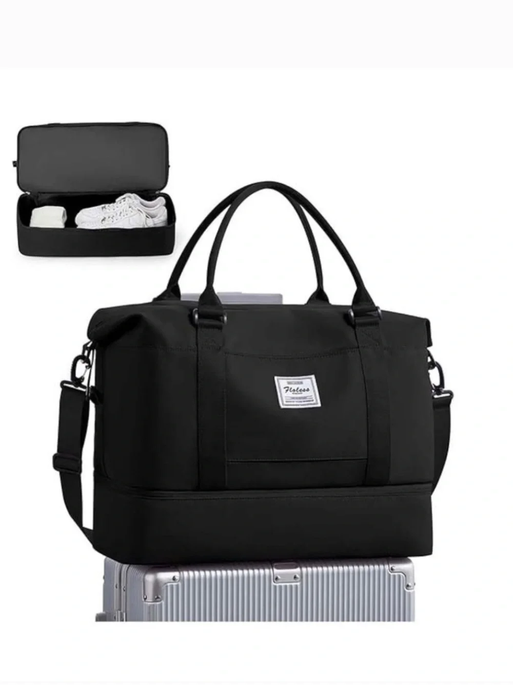 Floless Workshop | Unisex Black Travel Duffel Tote Bag Crossbody/Shoulder Straps